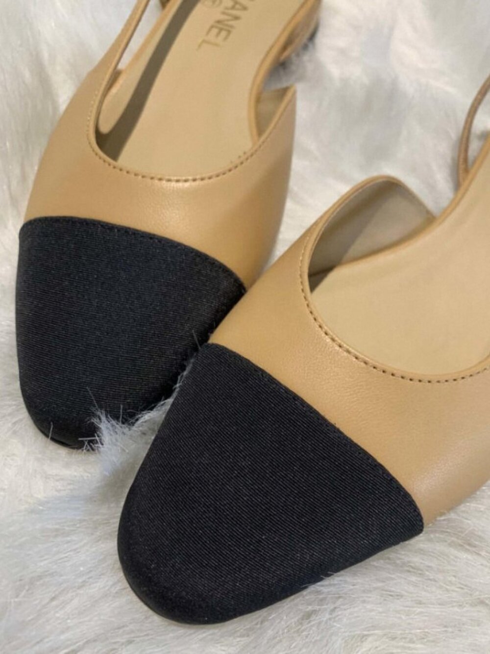 Chanel Classic Slingback Flats Beige & Black Grosgrain Toe Shoes - Picture 5 of 11